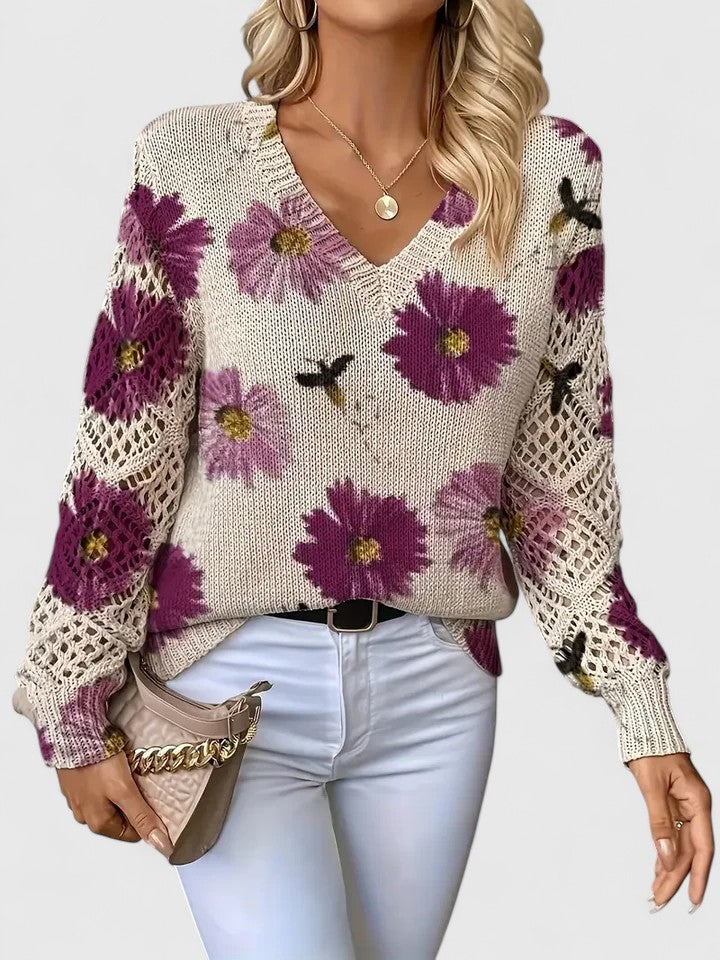 Maglione elegante con motivo floreale - Viola