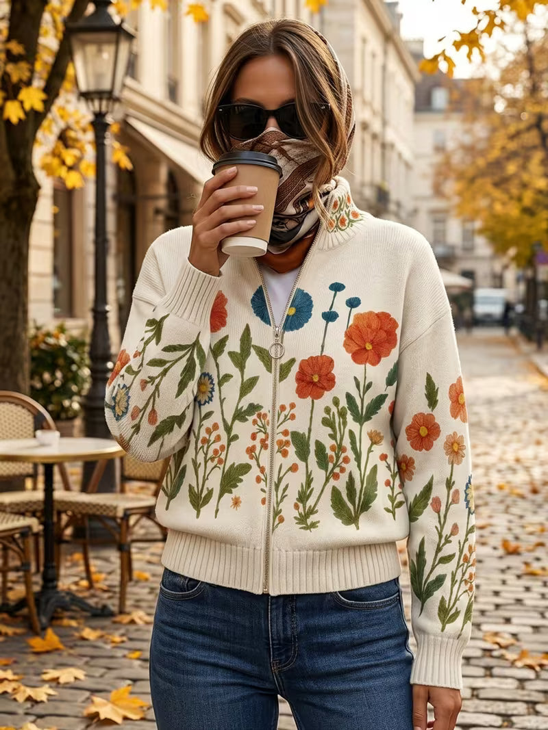 Ilaria - Cardigan con Zip Motivo Prato Fiorito - dettaglio