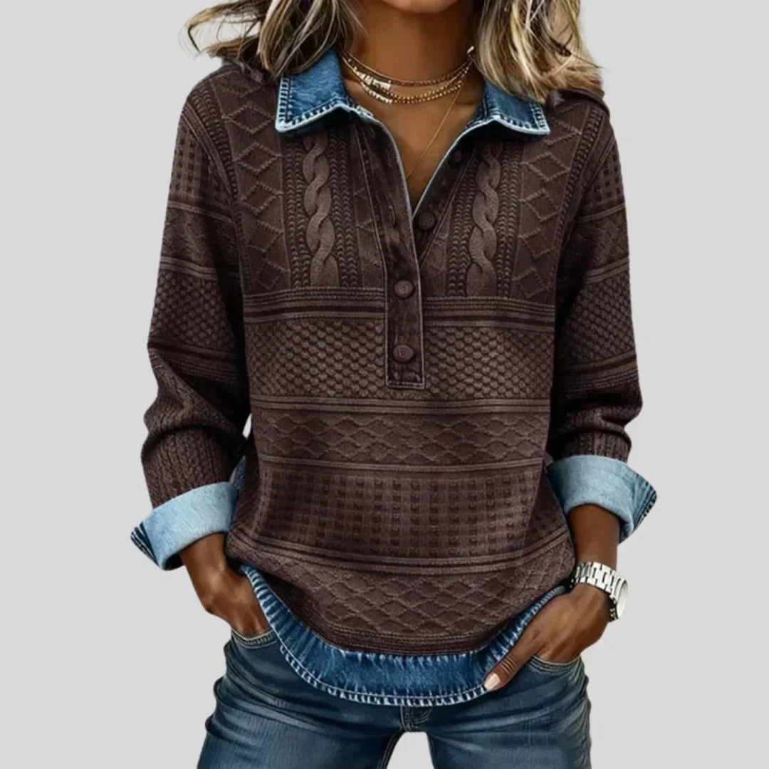Maglione vintage a trecce con colletto - Caffè