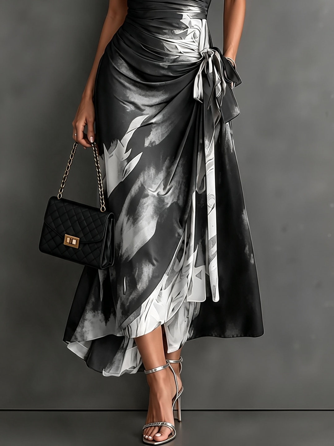 Marchesa | Vestito Lungo a Portafoglio con Stampa Astratta