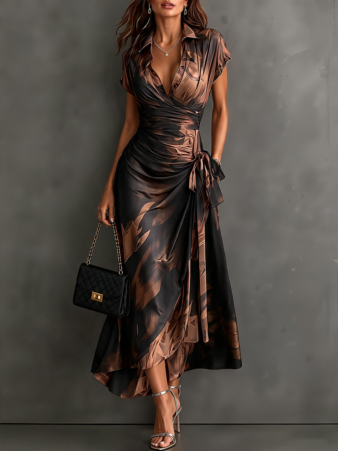 Marchesa | Vestito Lungo a Portafoglio con Stampa Astratta