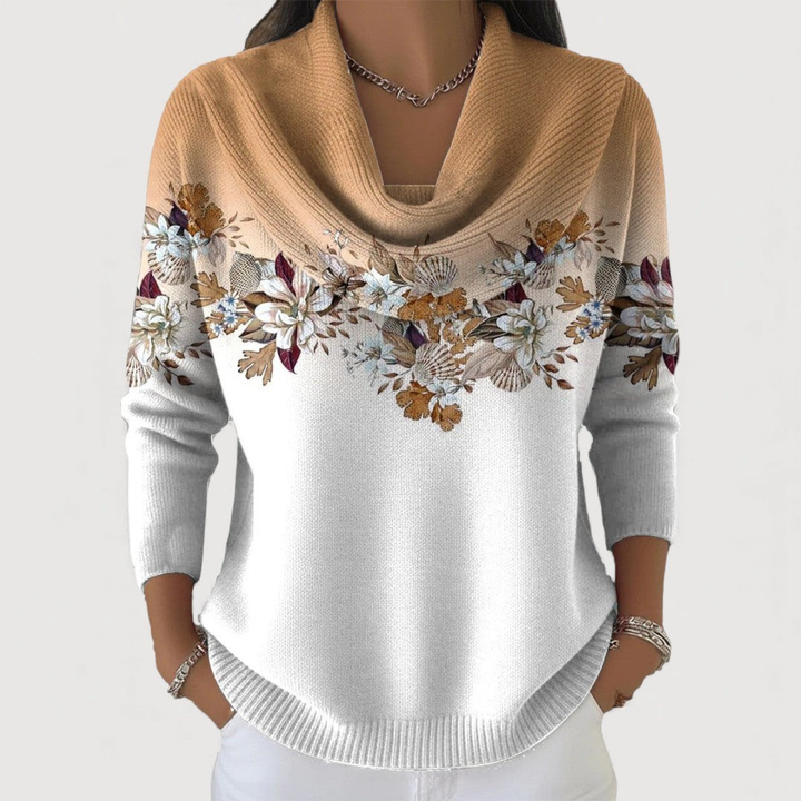Maglione a fiori con scollo morbido - Cammello