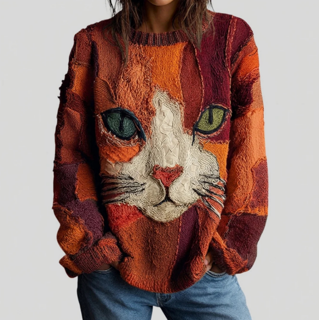 Cristina | Top Artistico con Gatto - Ruggine Multicolore
