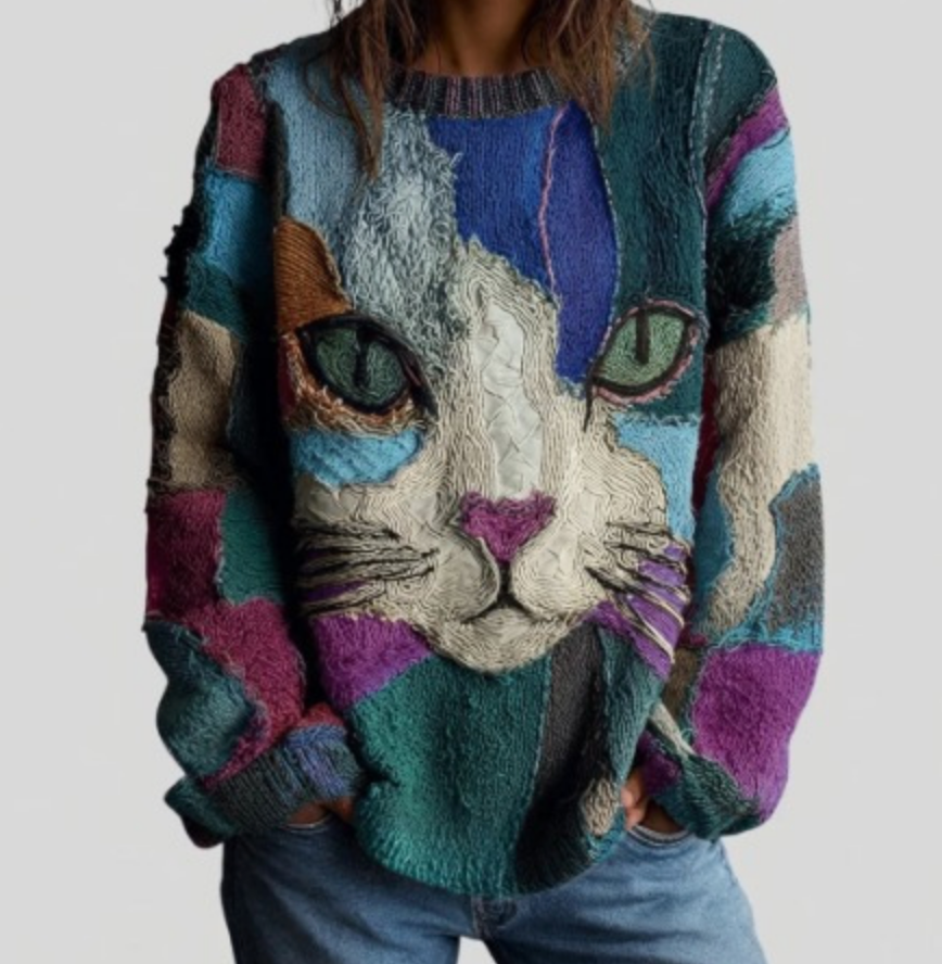 Cristina | Top Artistico con Gatto - Blu Petrolio