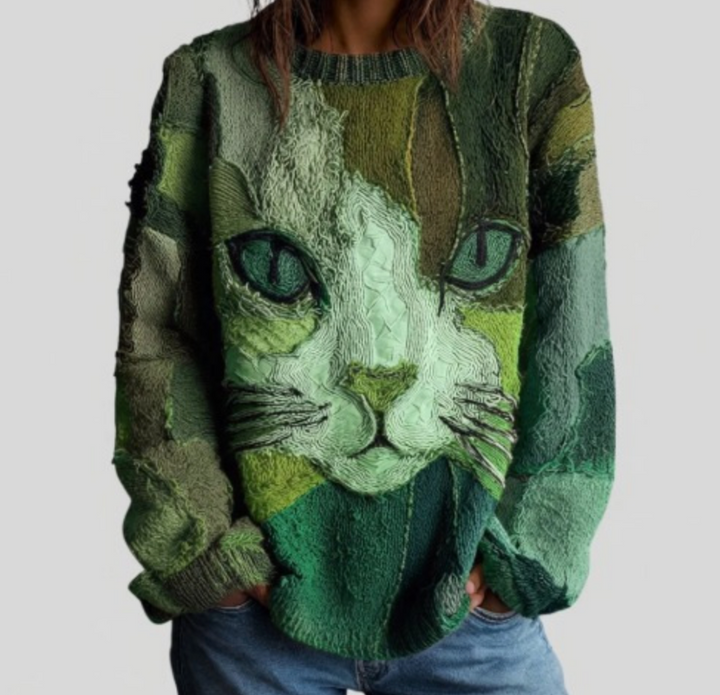 Cristina | Top Artistico con Gatto - Verde Multicolore