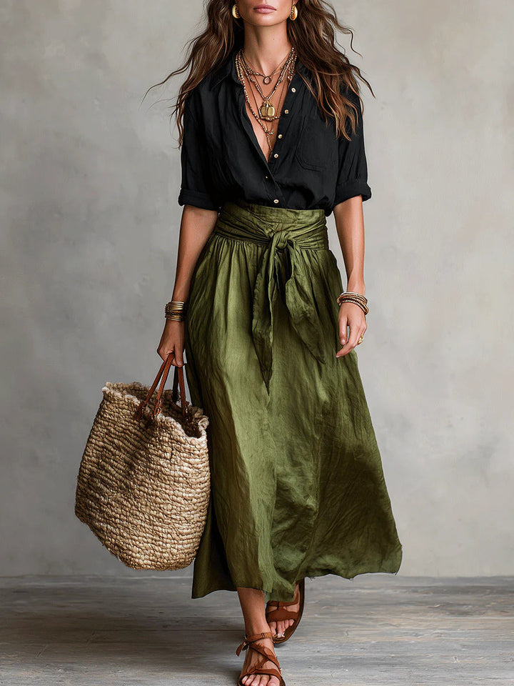 Camilla | Completo Midi Con Vita Annodata - Nero E Verde