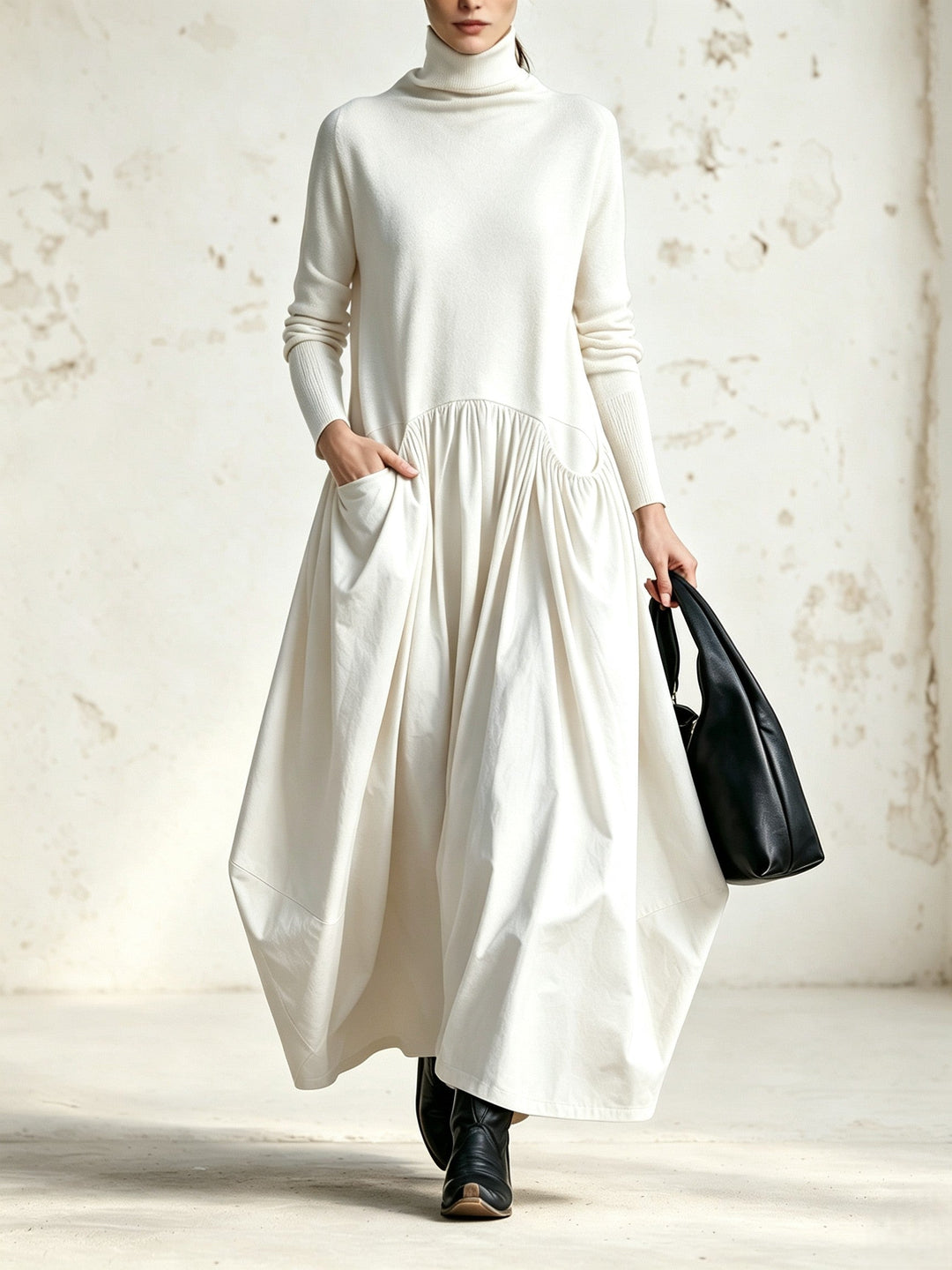 Jessamy | Vestito Lungo Arricciato con Collo Alto e Corpino in Maglia