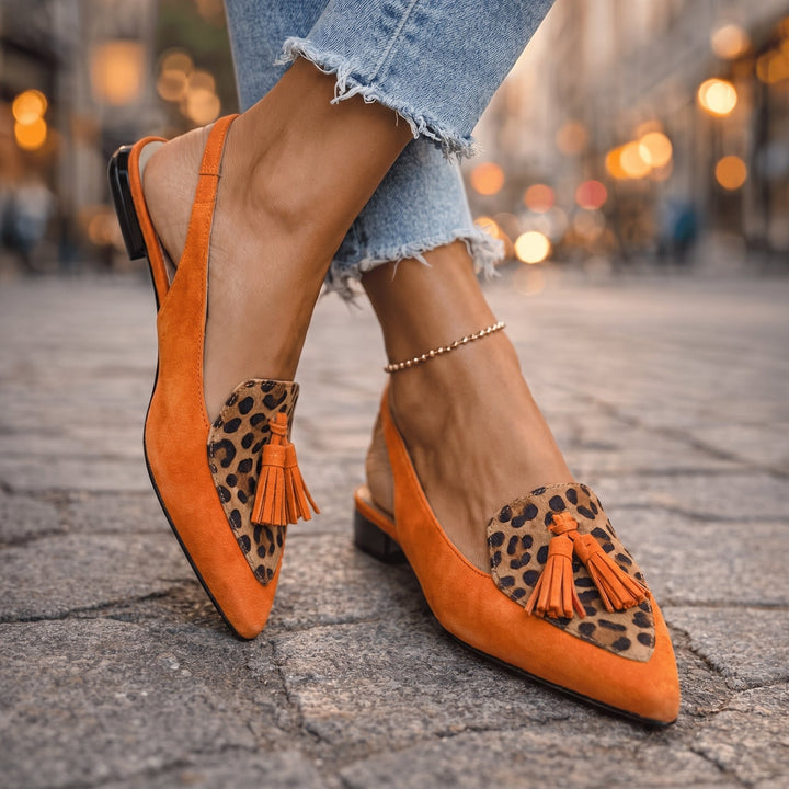 Elena | Sandali Con Cinturini E Frange - Arancione e leopardato