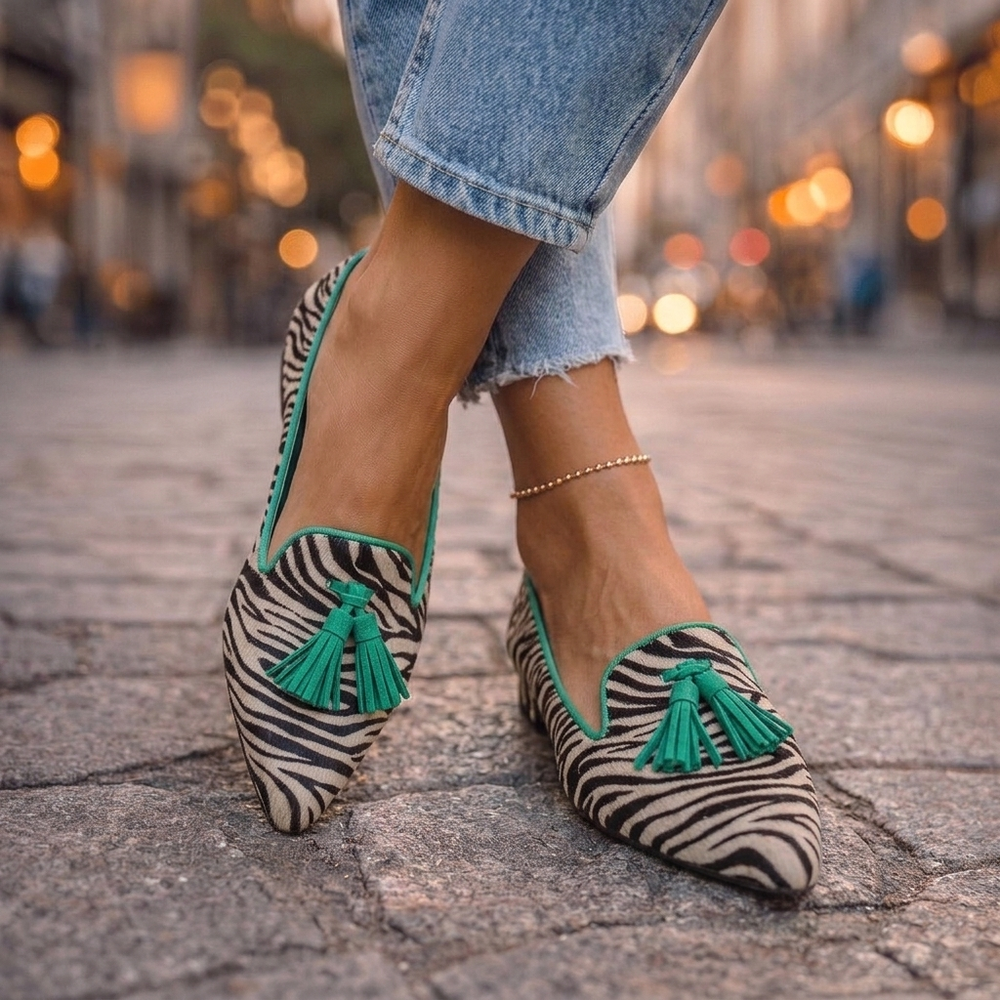 Alessia - Ballerine a Punta in Suede con Nappine - Zebrato Verde
