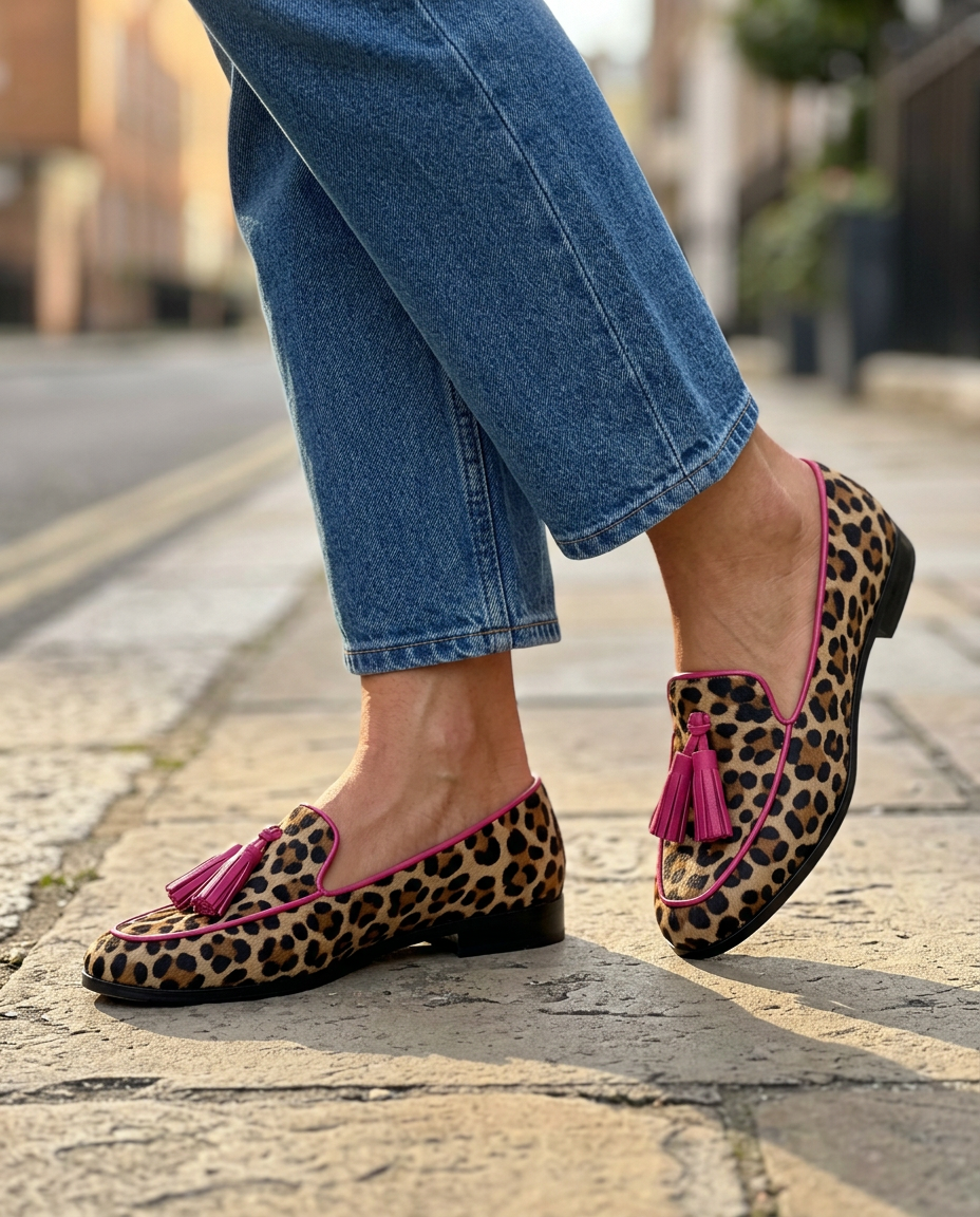 Fiamma | Mocassini Leopardati con Bordo e Nappine Fucsia
