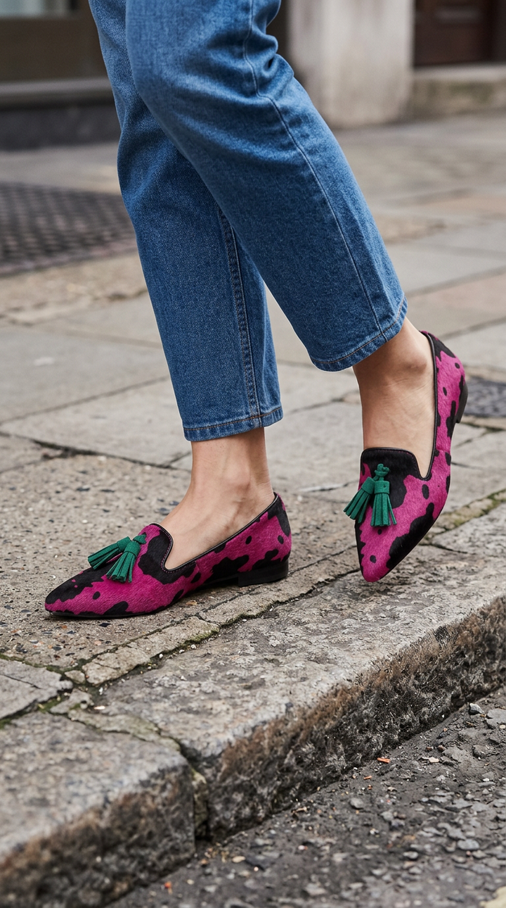 Ginevra | Mocassini Stampa Mucca Fucsia con Nappine Verdi
