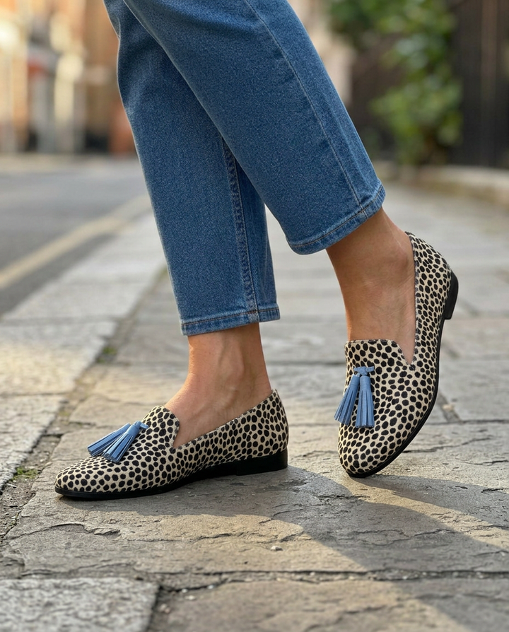 Nadia | Mocassini Leopardati Bianchi e Neri con Nappine Celesti