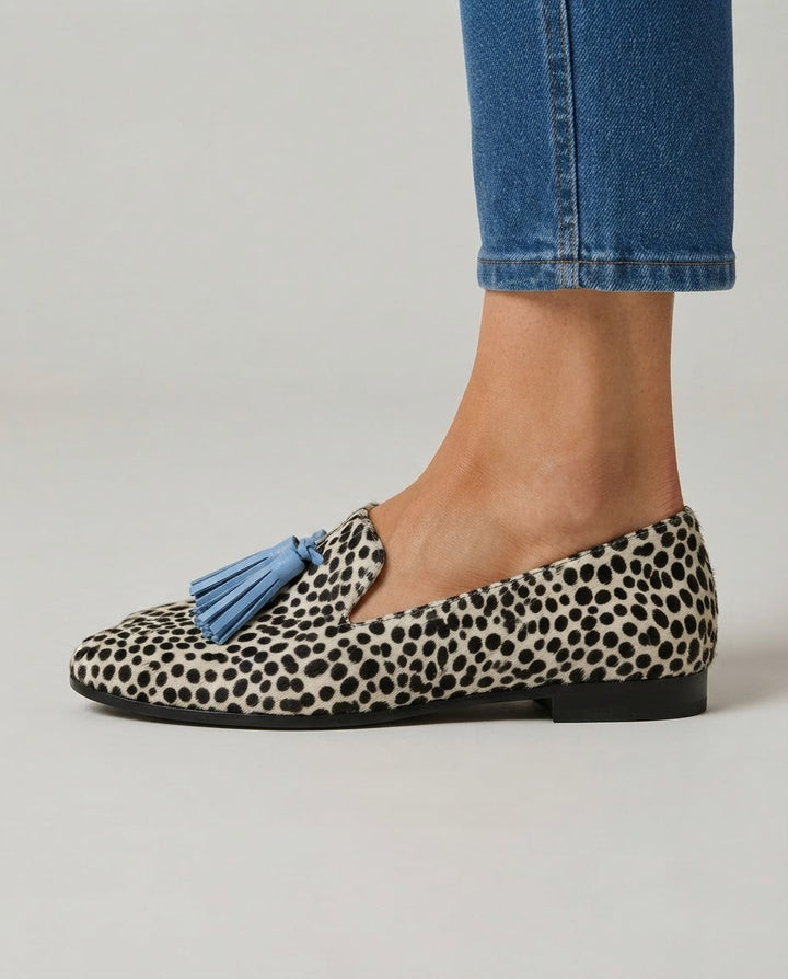 Nadia | Mocassini Leopardati Bianchi e Neri con Nappine Celesti