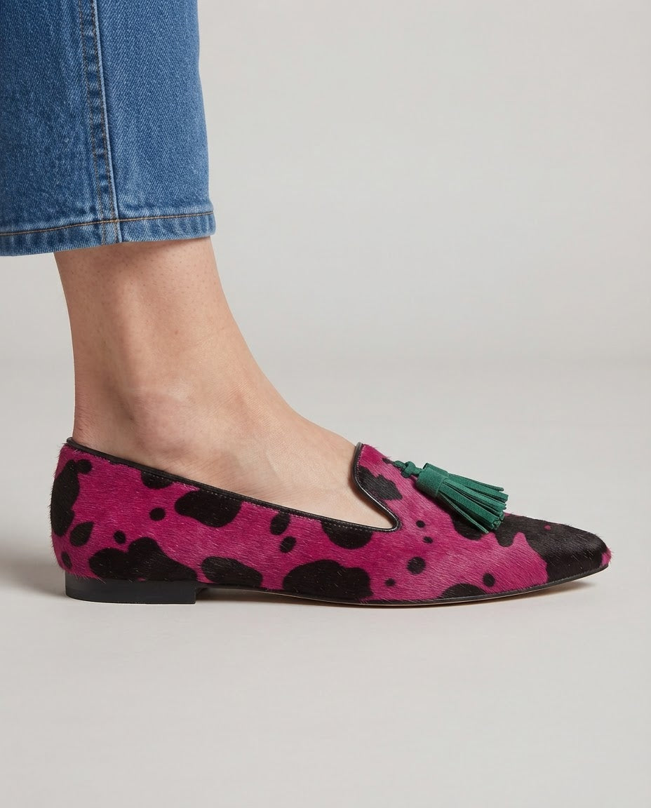 Ginevra | Mocassini Stampa Mucca Fucsia con Nappine Verdi
