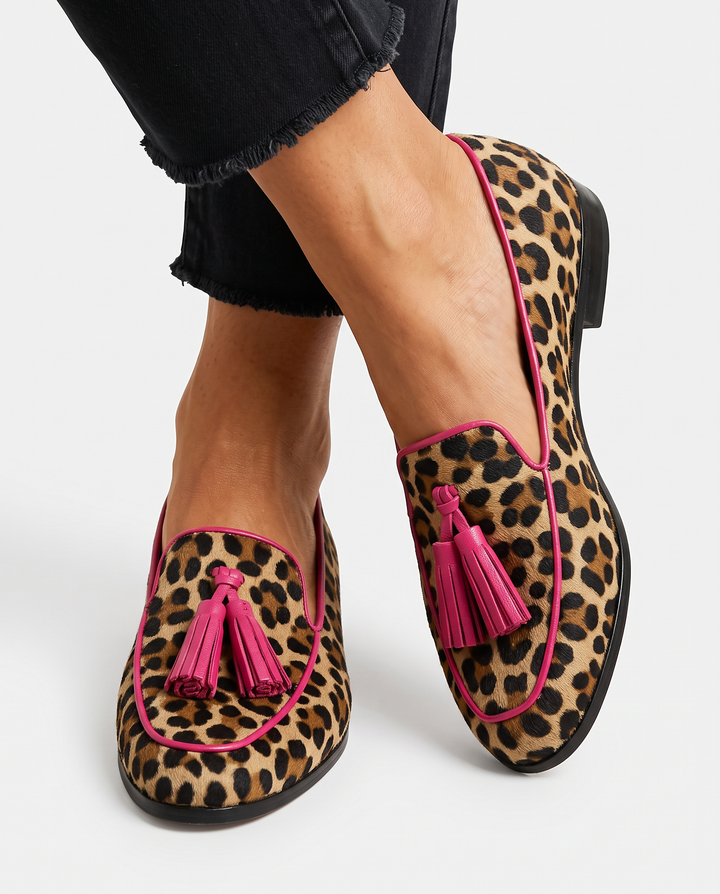Fiamma | Mocassini Leopardati con Bordo e Nappine Fucsia