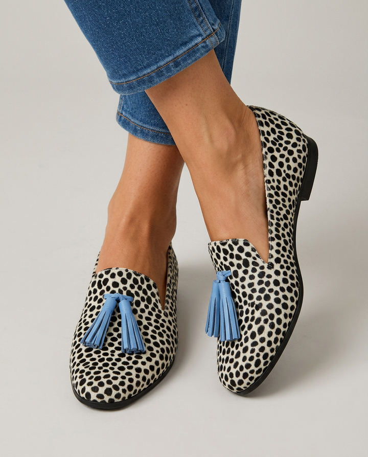 Nadia | Mocassini Leopardati Bianchi e Neri con Nappine Celesti