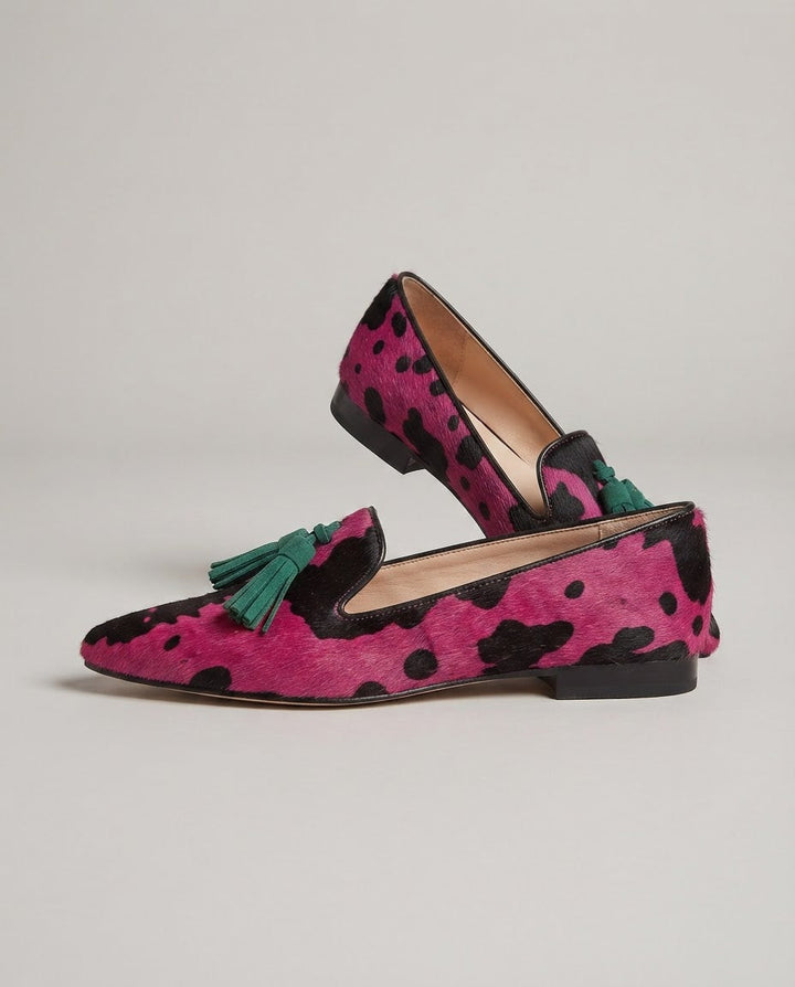 Ginevra | Mocassini Stampa Mucca Fucsia con Nappine Verdi
