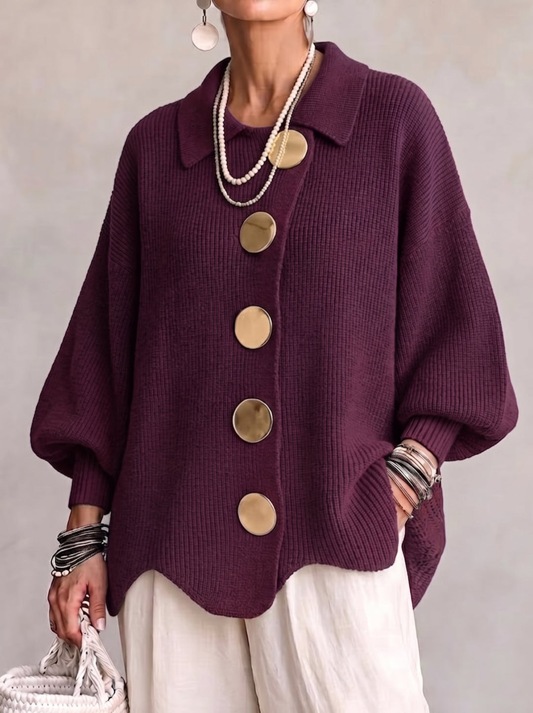 Cardigan oversize con bottoni metallici grandi - Bordeaux
