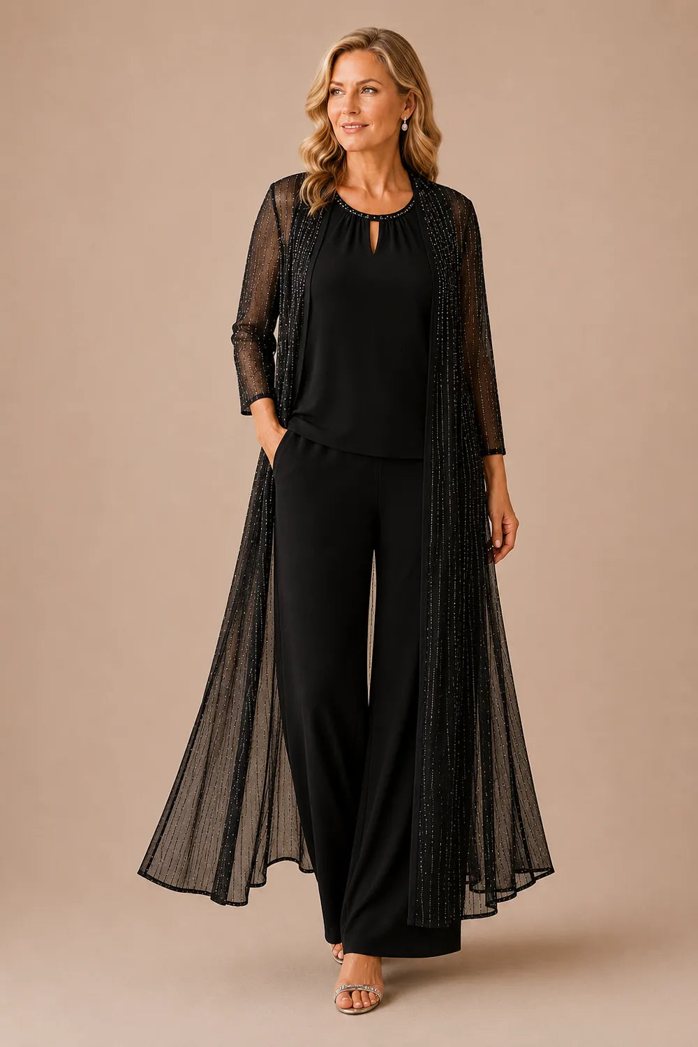 Completo Elegante Con Pantaloni E Duster Trasparente