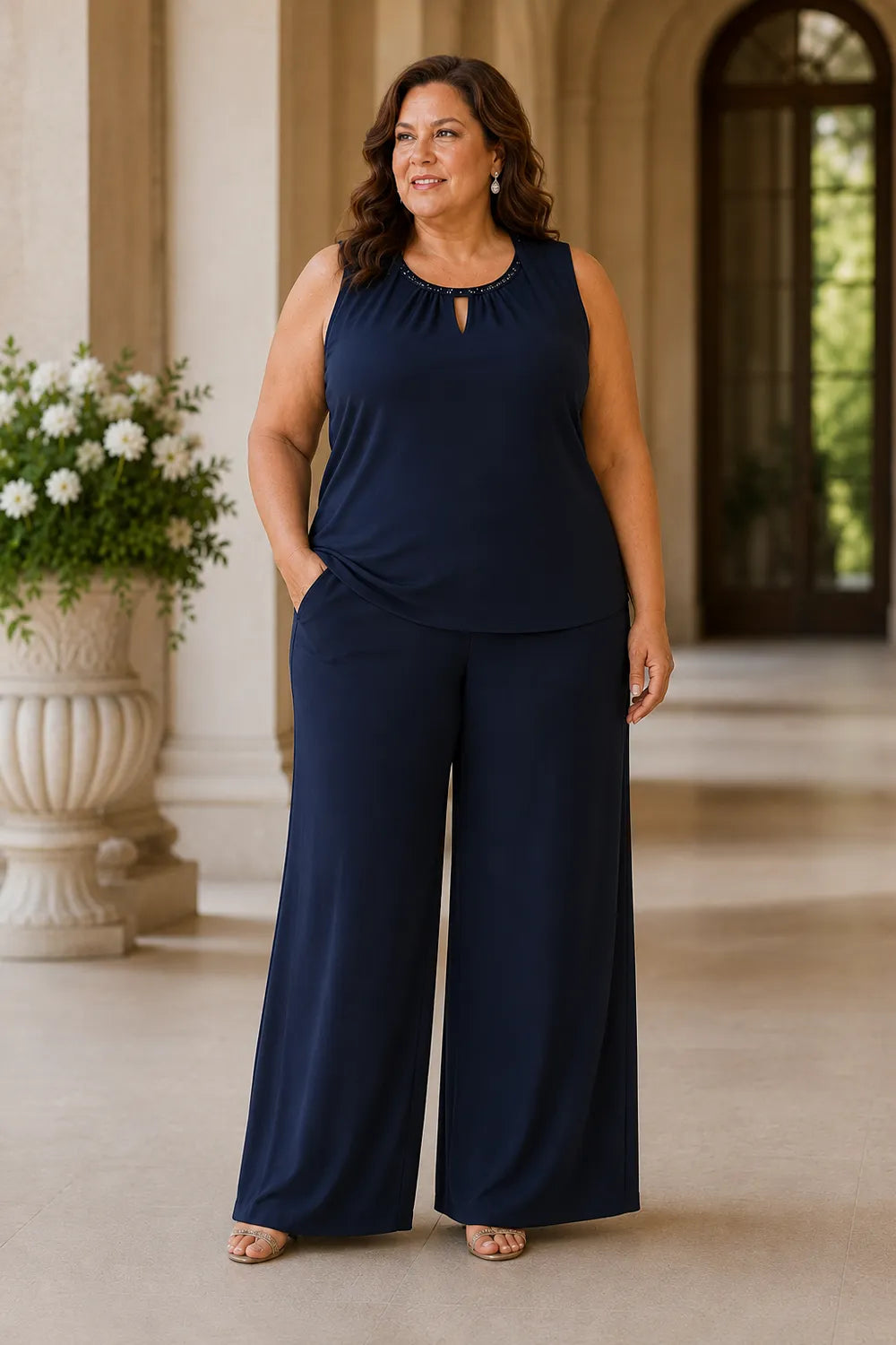 Completo Elegante Con Pantaloni E Duster Trasparente