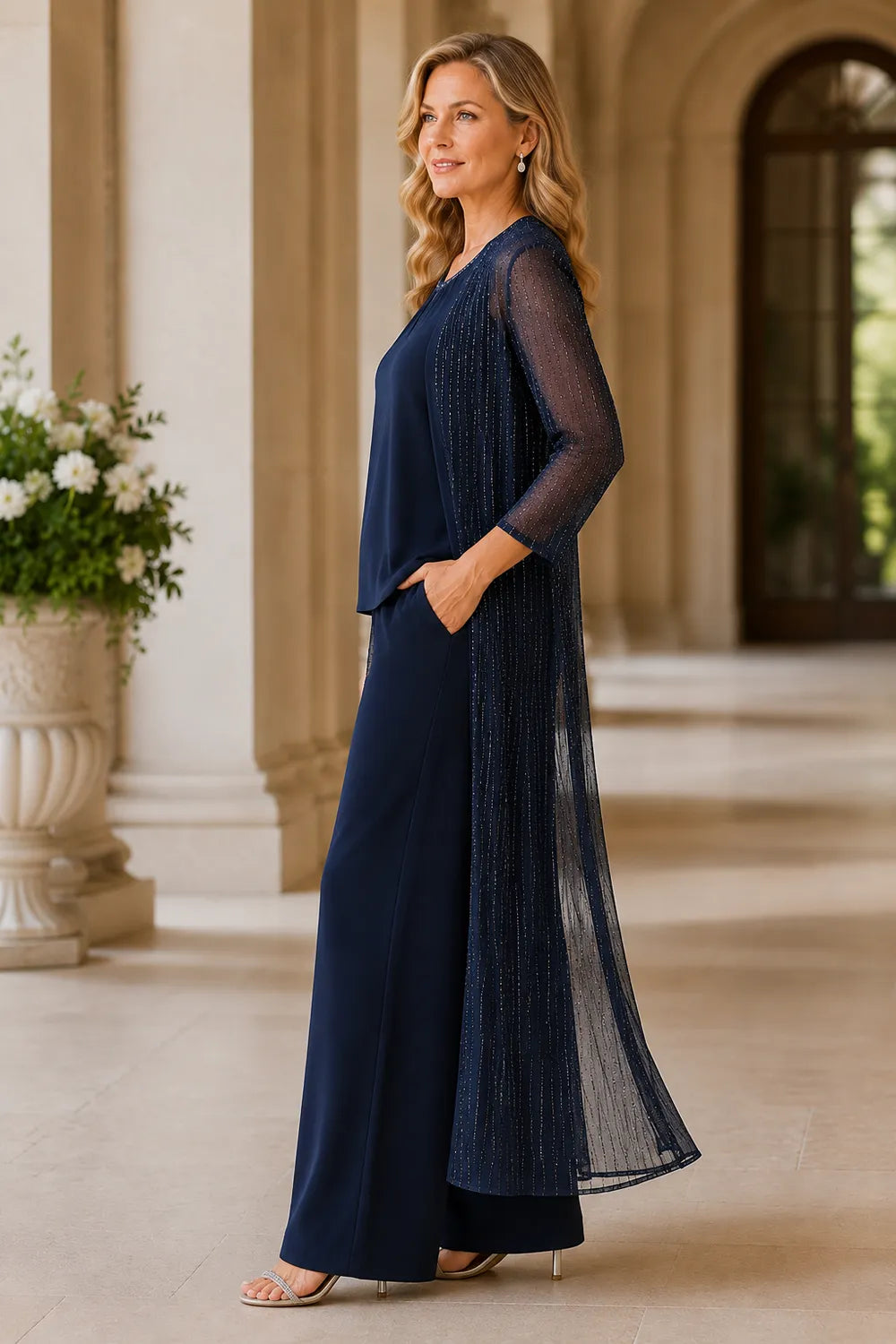 Completo Elegante Con Pantaloni E Duster Trasparente