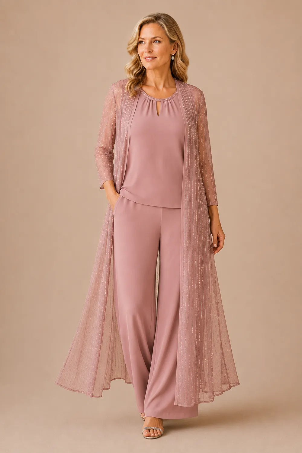 Completo Elegante Con Pantaloni E Duster Trasparente