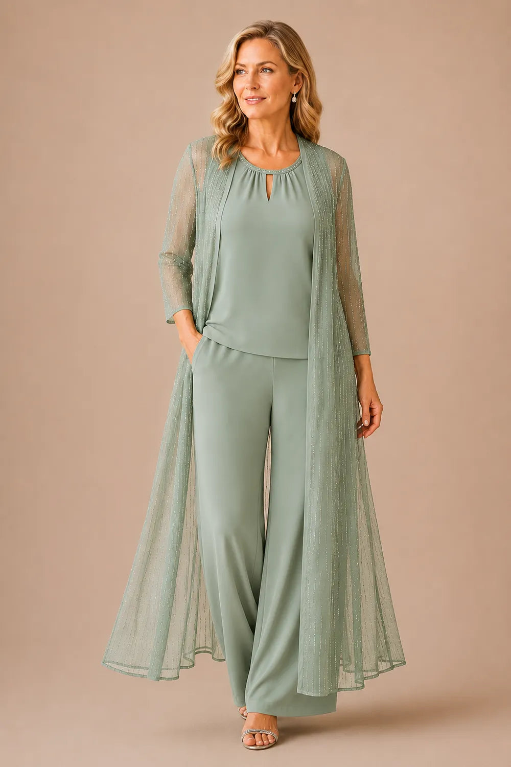 Completo Elegante Con Pantaloni E Duster Trasparente