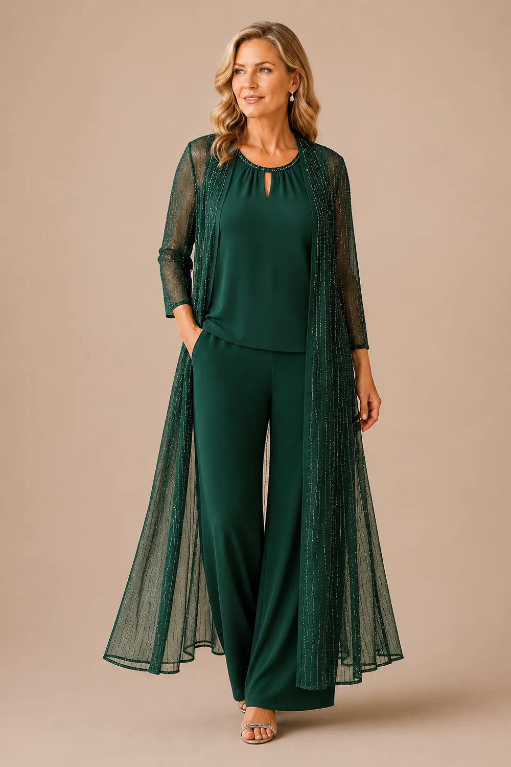 Completo Elegante Con Pantaloni E Duster Trasparente