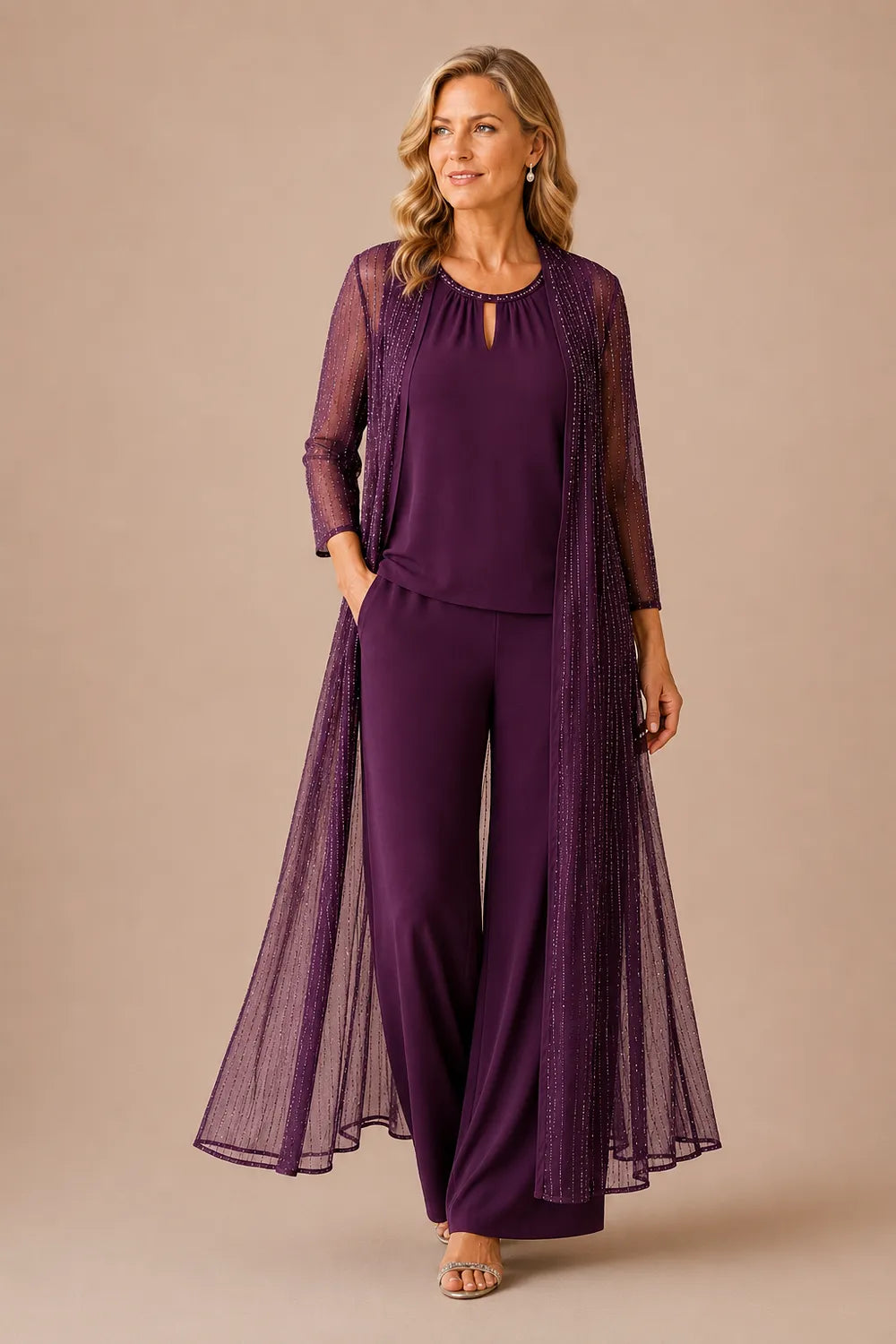 Completo Elegante Con Pantaloni E Duster Trasparente