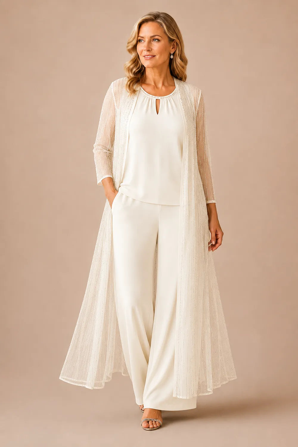 Completo Elegante Con Pantaloni E Duster Trasparente