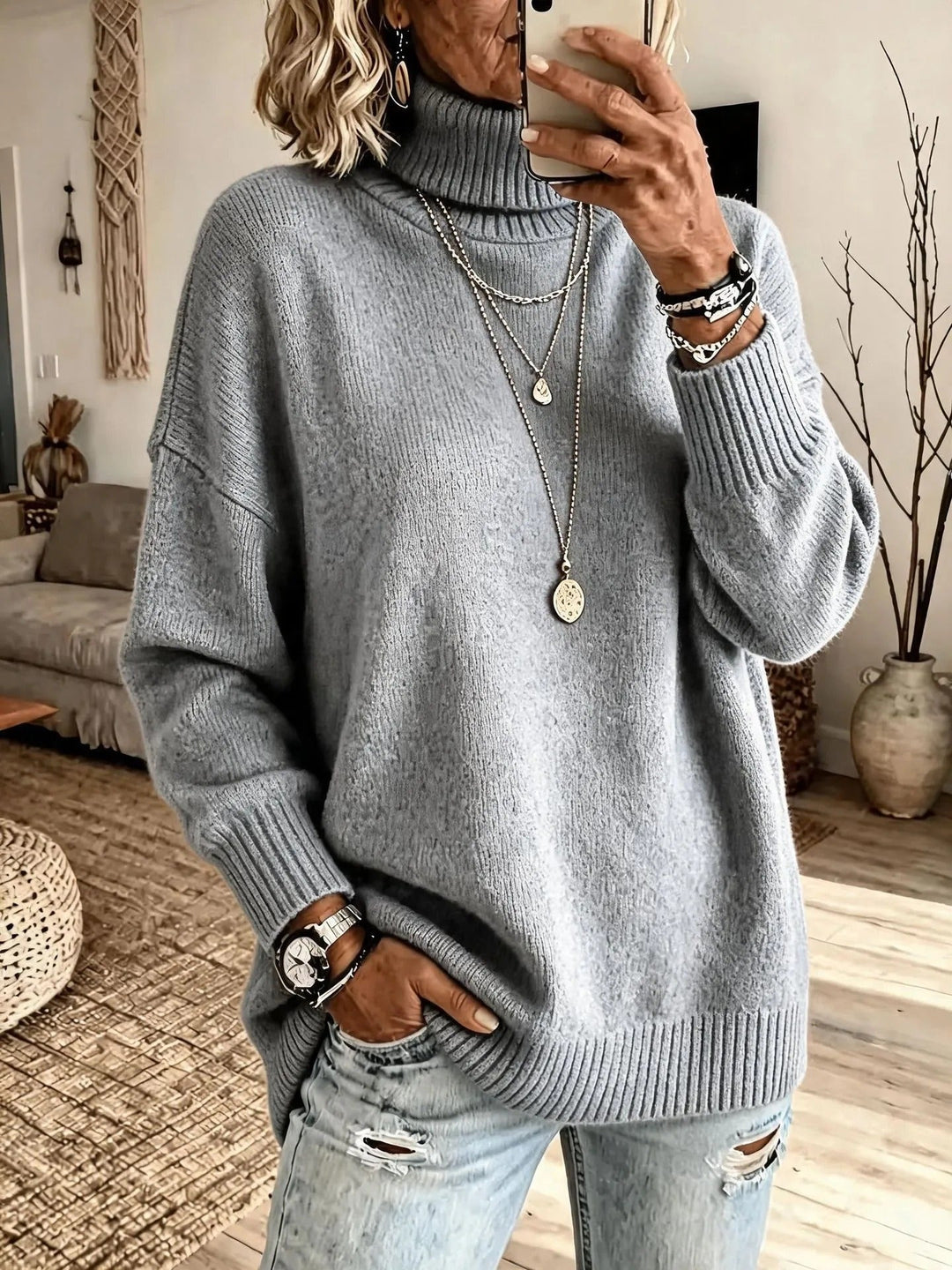 Susannah Top Morbido a Collo Alto Grigio